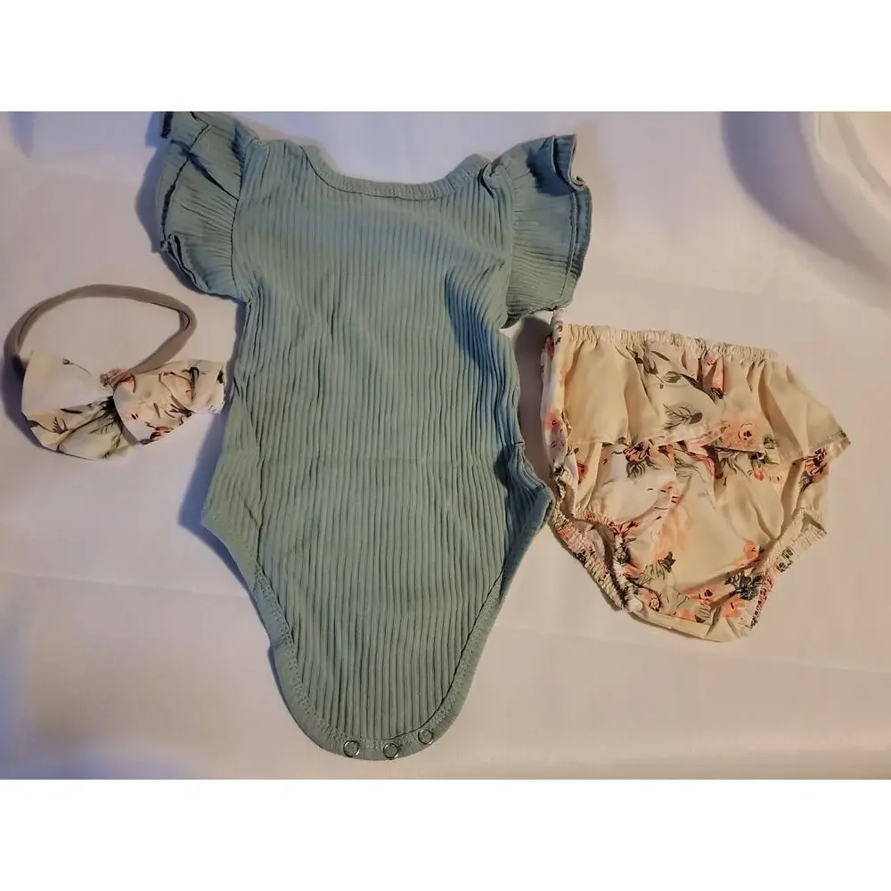 Infant 3 pc Outfit 6 Months (70 cm) One Piece Ruffled Short Headband Bow